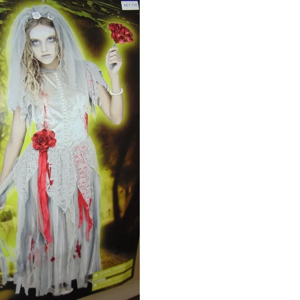 Zombie Bride Halloween Costume 12/14 Silver Maxi Dress, Veil, Bouquet 3 Pc Girls